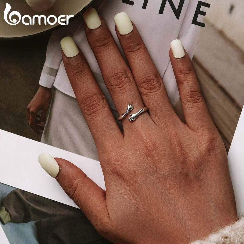 bamoer 925 Sterling Silver Hug Warmth and Love Hand Adjustable Ring