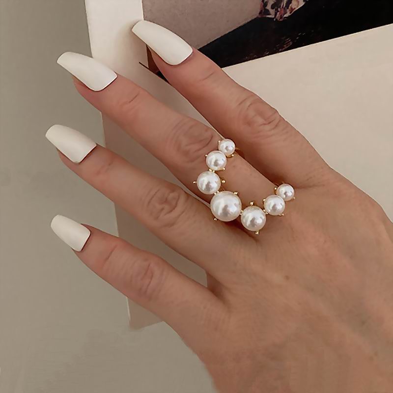 Fashion Big Geometric Pearl Paved Adjustable Ring - Jeglowstore