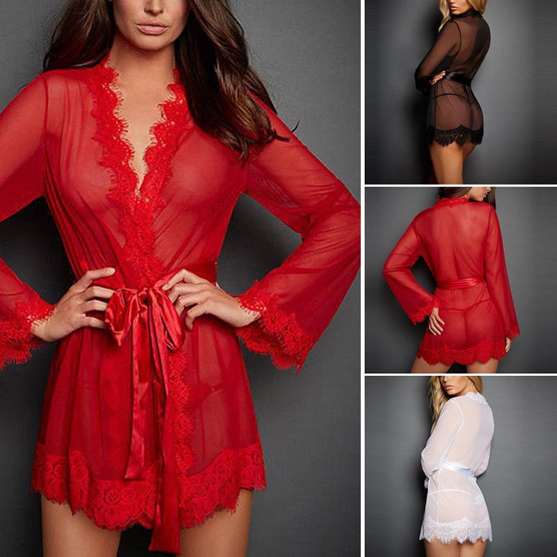 Sexy Lingerie Women Sleepwear Lace Dress Nightwear Sexy Sissy 2PCS Mini Robe Babydoll+G-String Thong Underwear Night Gown