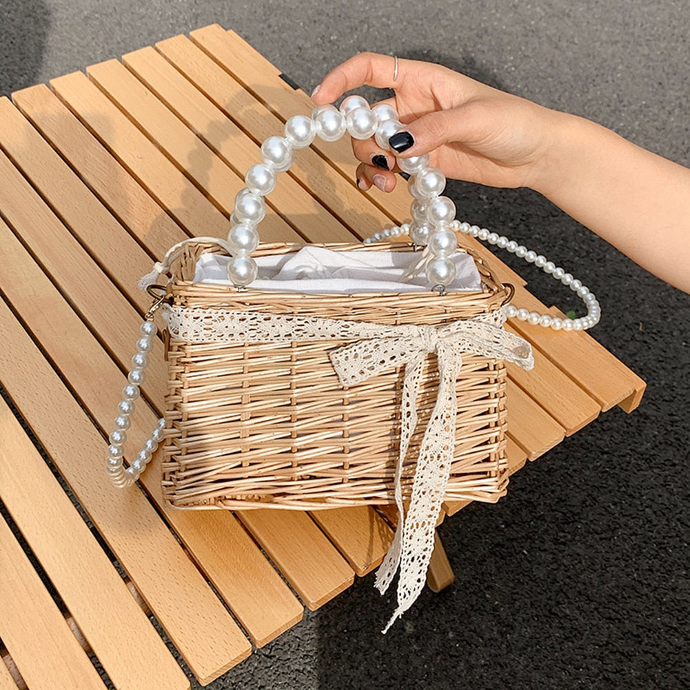 Straw Rattan Handmade Pearl Beads Tote Bag