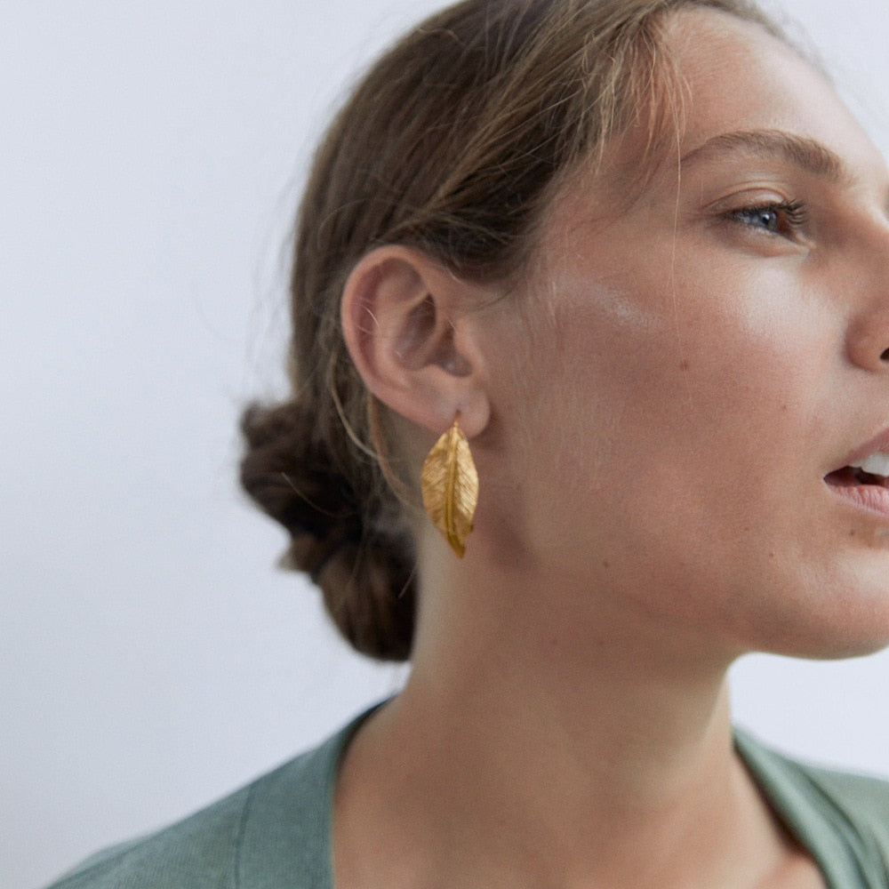 Retro Golden Metal Leaf Stud Earrings
