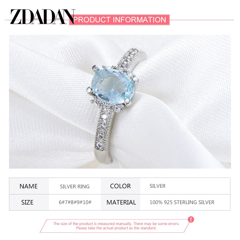 ZDADAN 925 Sterling Silver Charm Aquamarine Ring
