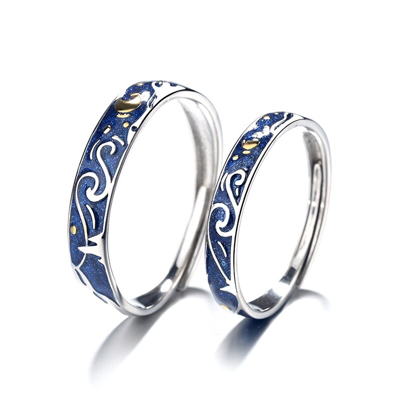 925 Sterling Silver Van Gogh Starry Sky Open Couple Ring