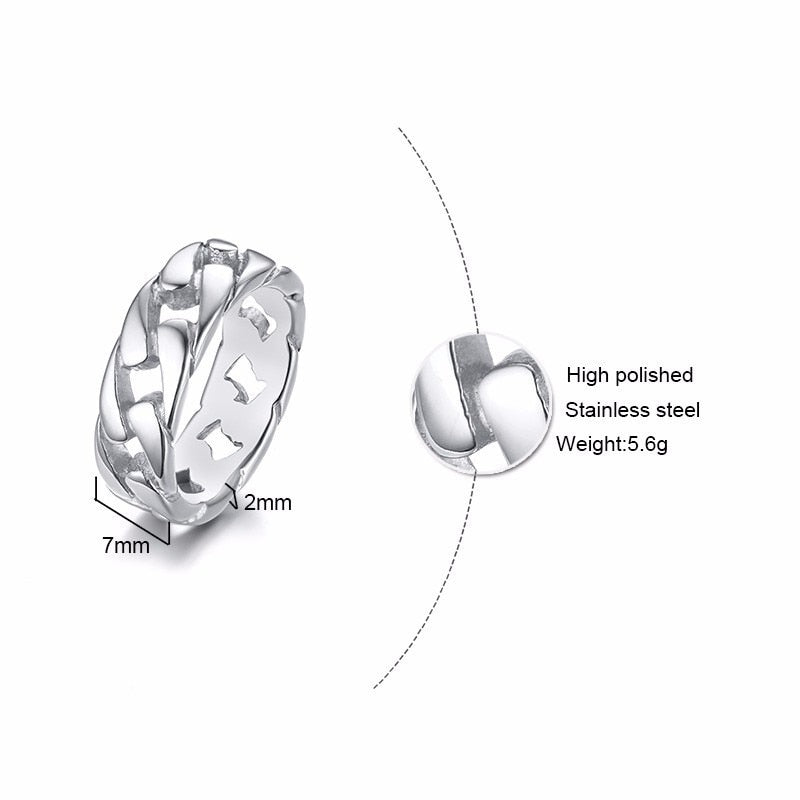 7MM Men Stainless Steel Hollow Hard Curb Link Chain Biker Ring