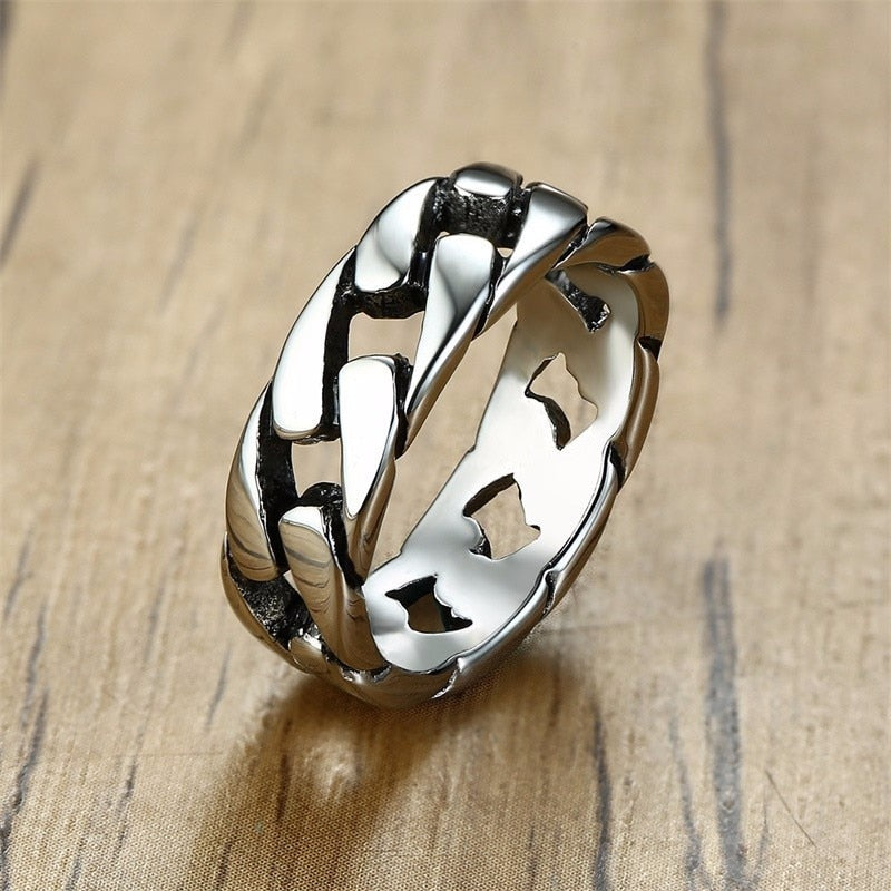 7MM Men Stainless Steel Hollow Hard Curb Link Chain Biker Ring