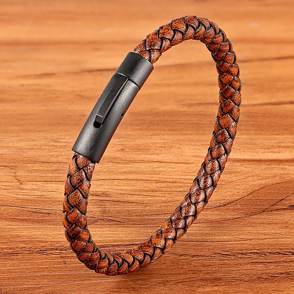 New Classic Style Black Stainless Steel Leather Bracelet