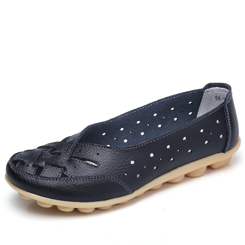 2019 Fashion Women Flats Breathable Casual Loafers Shoes Woman Genuine Leather Summer Shoes Flats With Hollow Out Ladies Flat