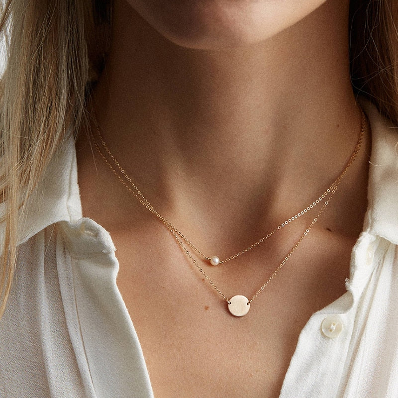 e-Manco Stainless Steel Choker imitated Pearl Layered ChainNecklace
