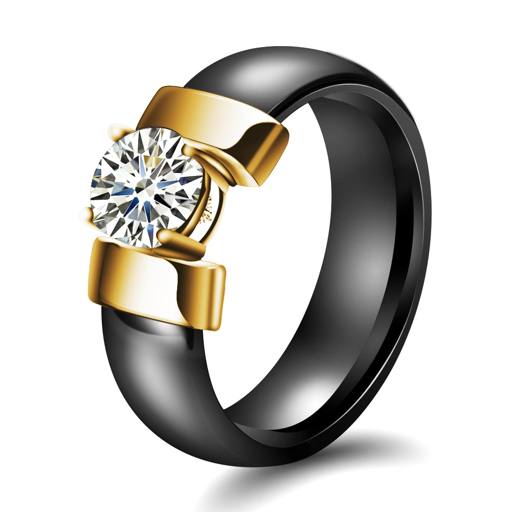 6mm White Black Ceramic Rings Plus Cubic Zirconia For Women