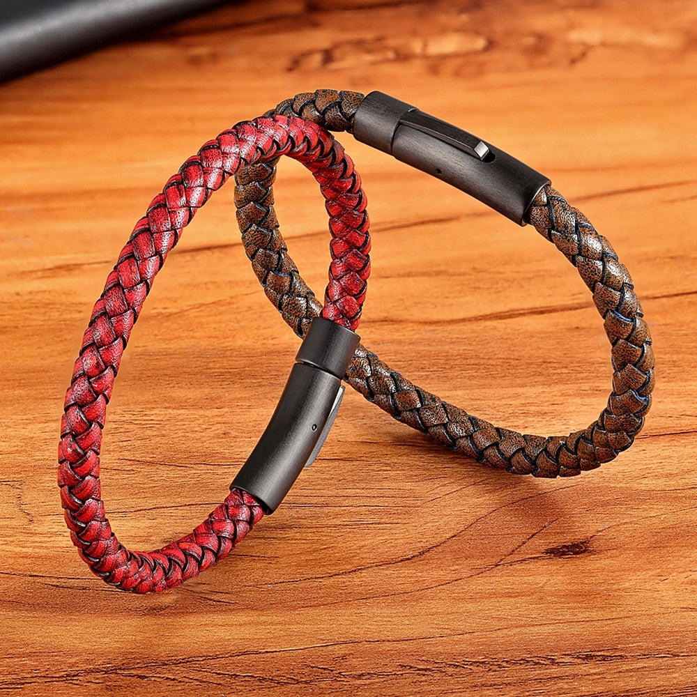 New Classic Style Black Stainless Steel Leather Bracelet
