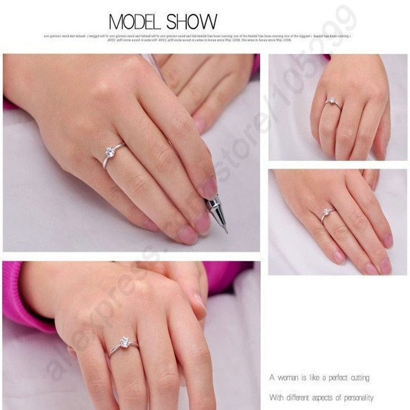 Elegant Classic Real 925 Sterling Silver Crystal Cubic Zircon Ring