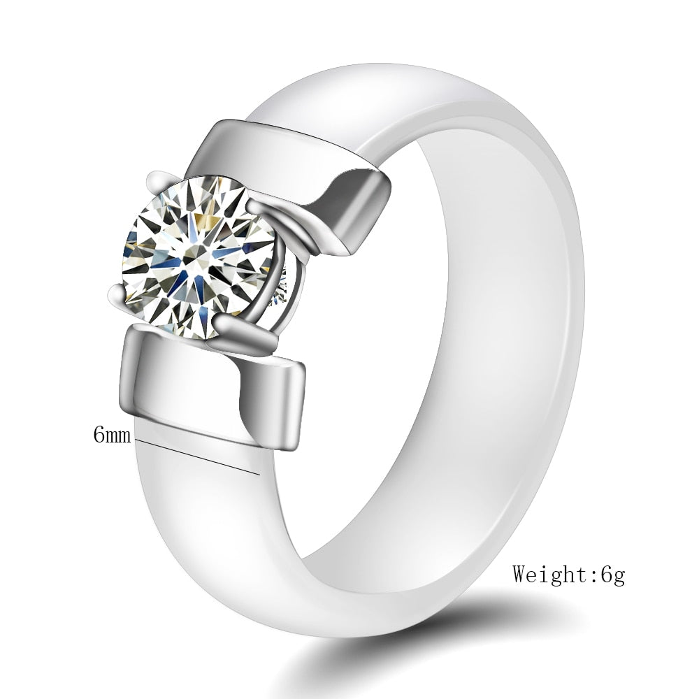 6mm White Black Ceramic Rings Plus Cubic Zirconia For Women