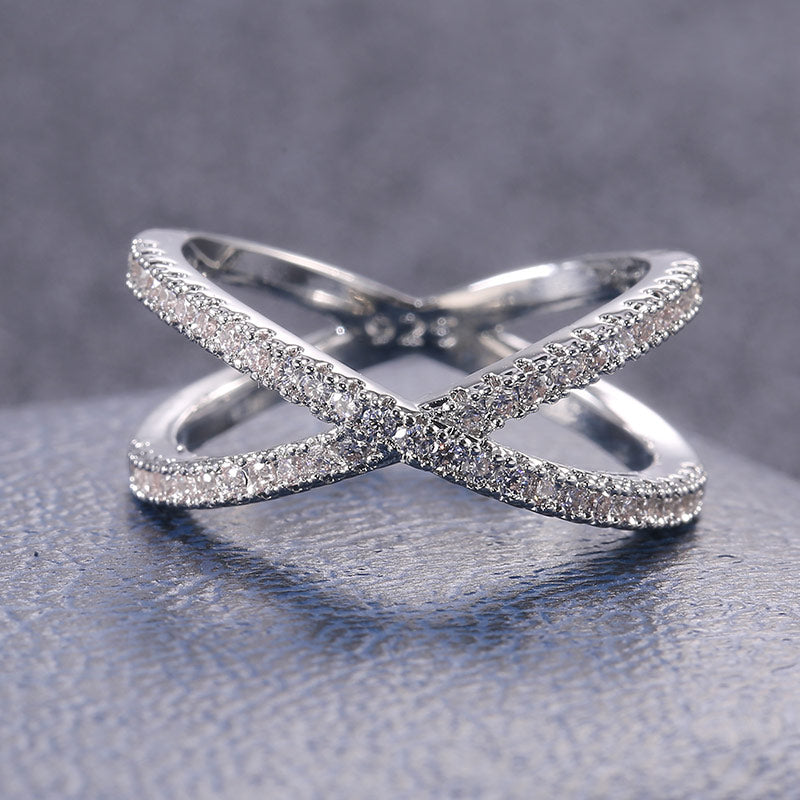 Huitan Luxury Cross X Shape Full Paved CZ Stone Silver Ring