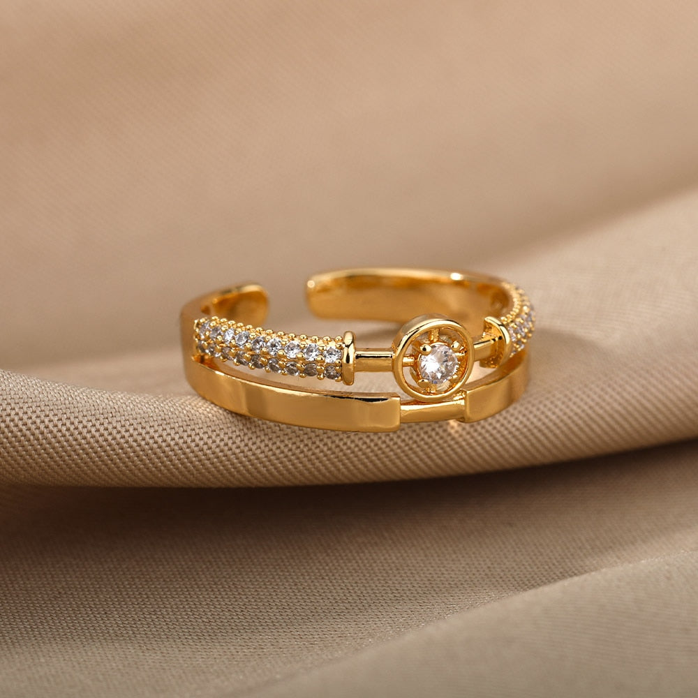 Fashion Star Stainless Steel Zircon Round Irregular Adjustable Ring