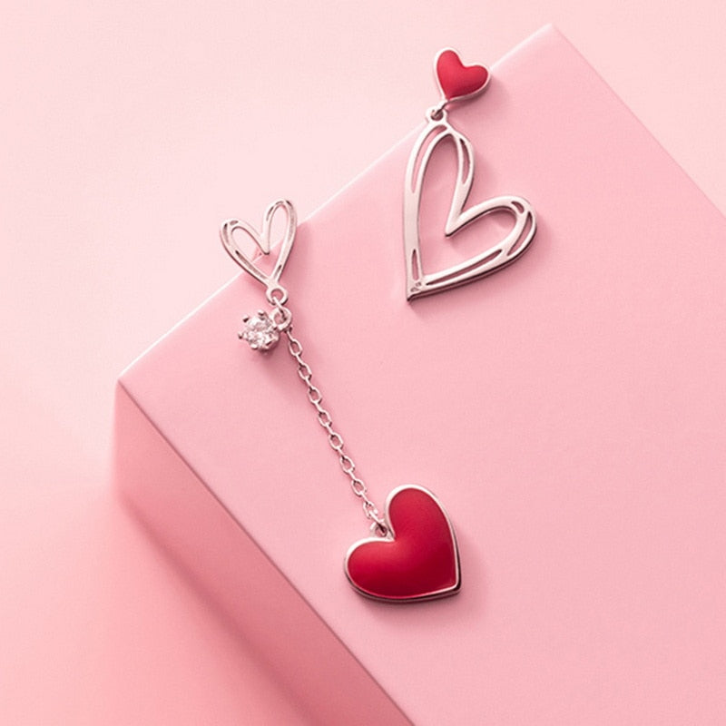 Asymmetric Heart Stud Hollow ECG Tassel Zircon Pearl Earrings