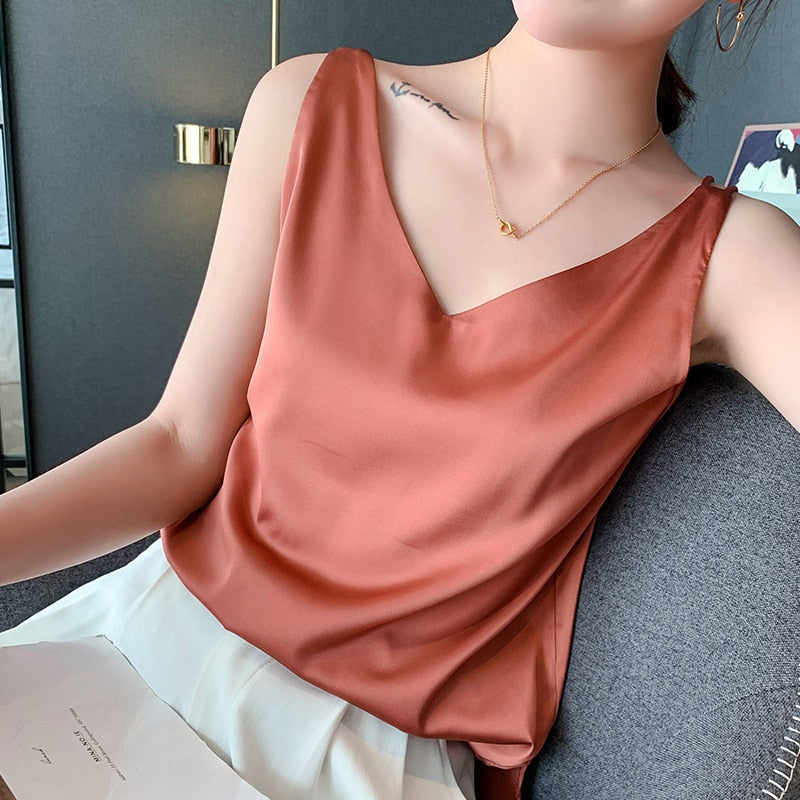Band Top Halter V-nek Moulose satyn sy-tenktop