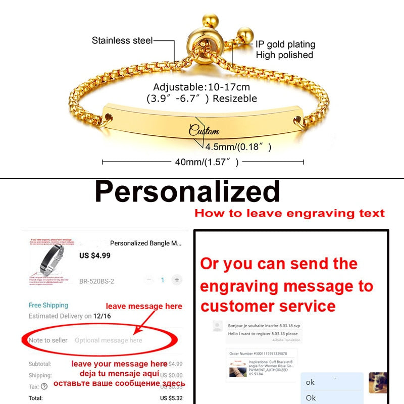 Personalize Baby Name Chain Smooth Bangle Link Gold Tone Bracelet