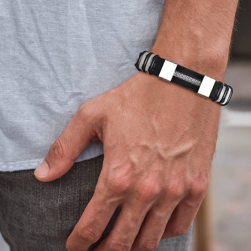 Black Grooved Rudder Silicone Mesh Link Stainless Steel Bracelet