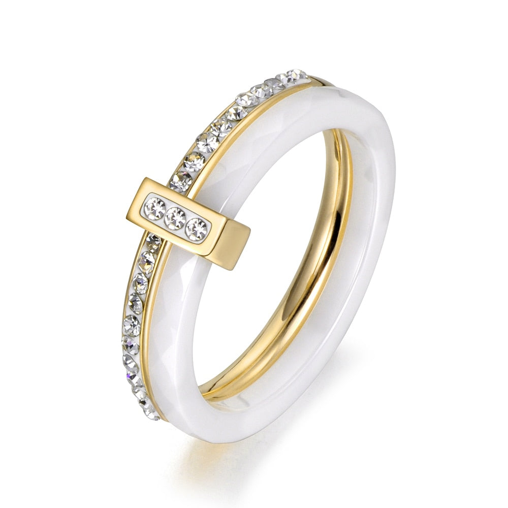 Black/White Ceramic Crystal Stainless Steel Wedding Ring