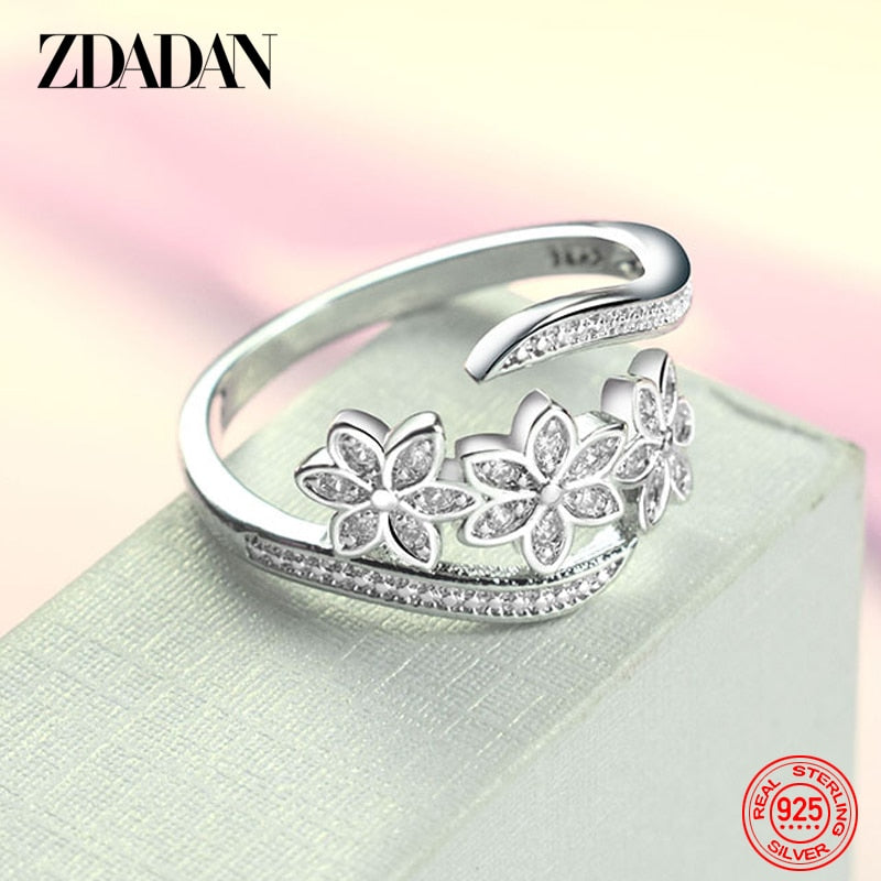 925 Sterling Silver Fashion Adjustable Open CZ Flowers Ring