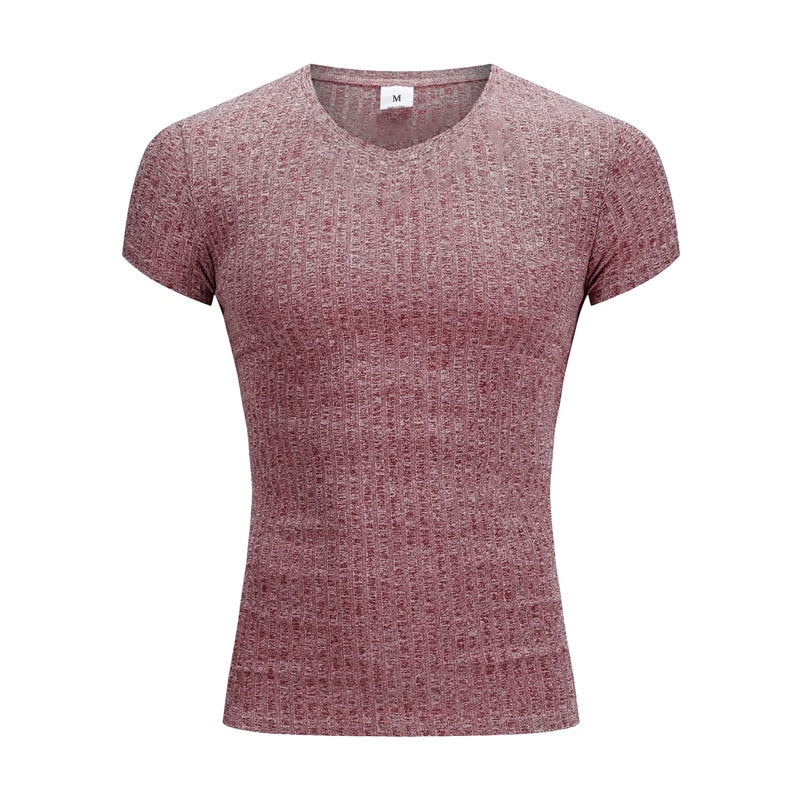 Men V Neck Short Sleeve T Shirt Fitness Slim Fit Sports Strips T-shirt