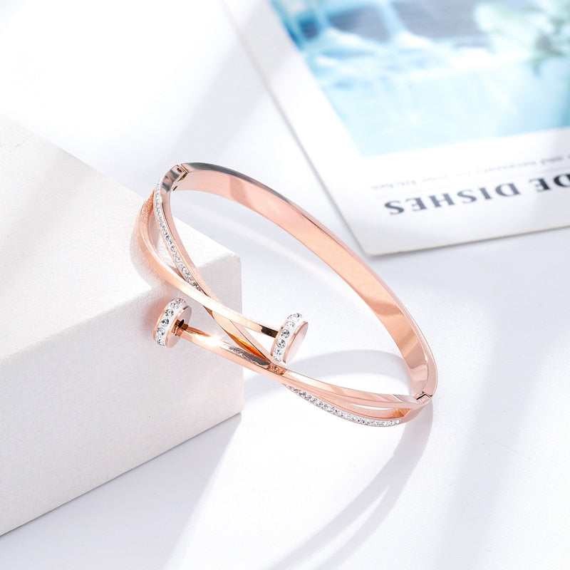 New Unique Double Crystal Nail Head Cross Stainless Steel Bracelet