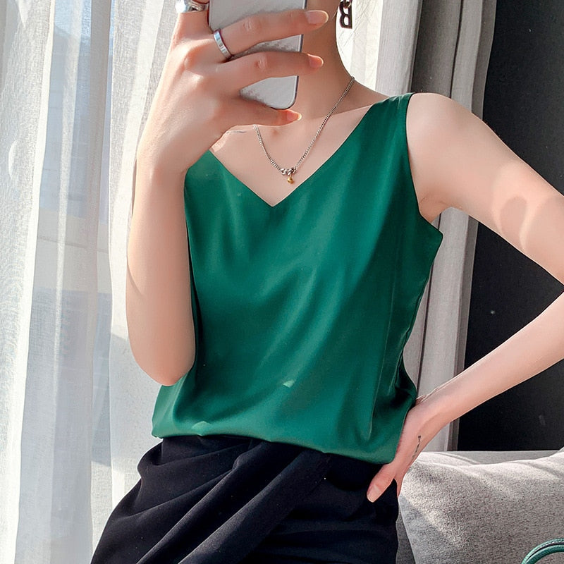 Strap Top Halter V Neck Sleeveless Satin Silk Tank Top