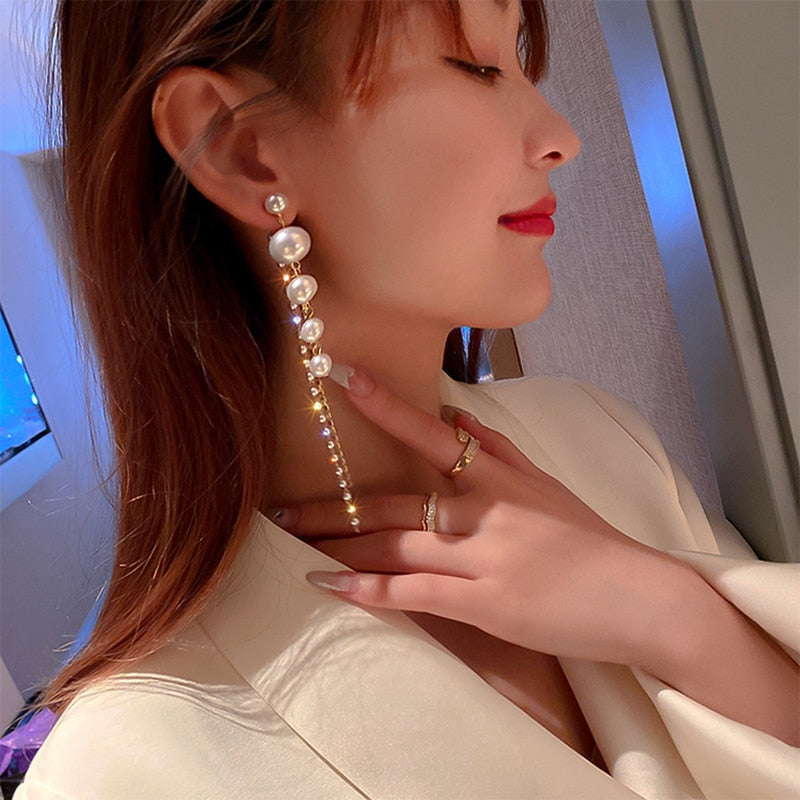 LFashion Full Crystal Simulated Pearl Tassel Drop Earring