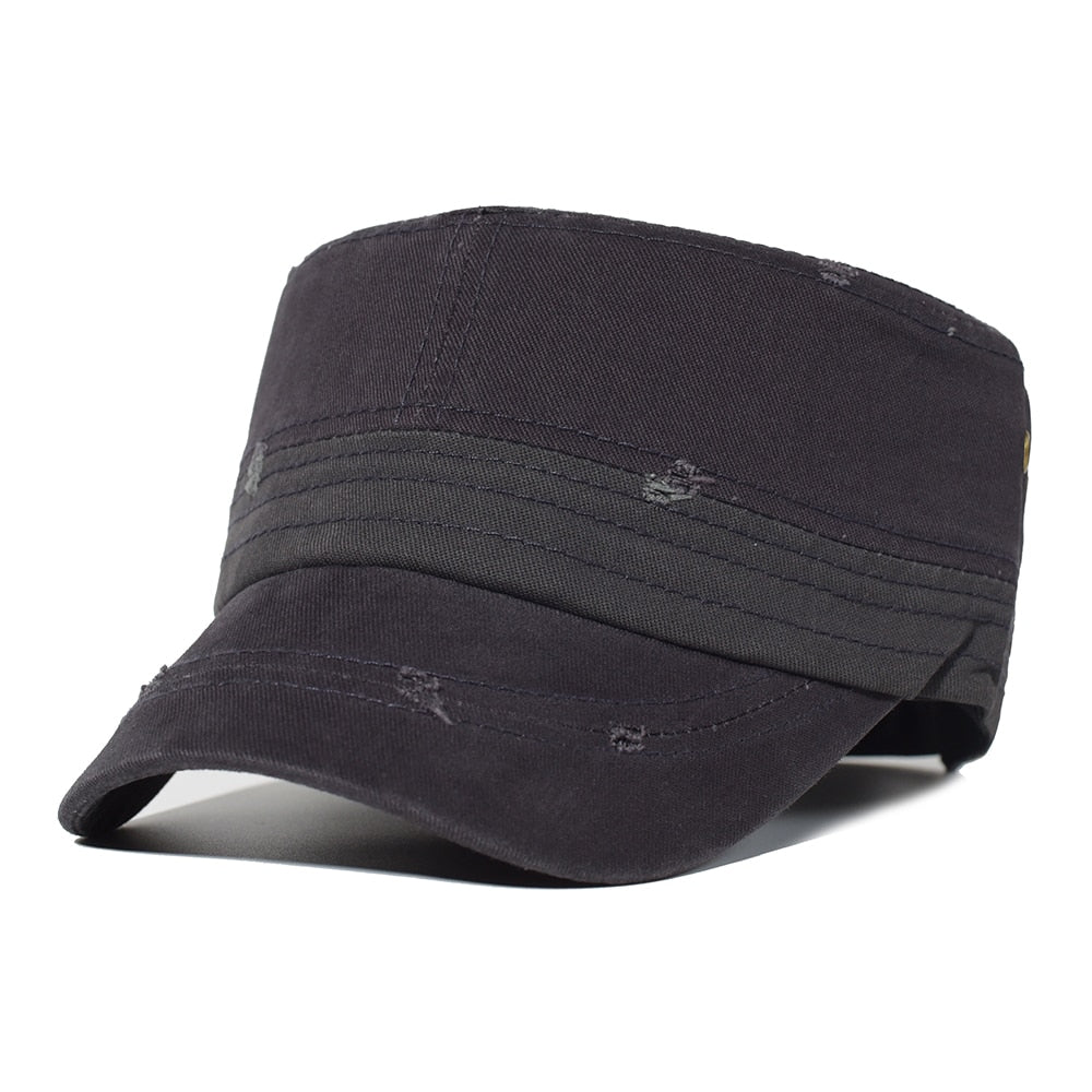 Washed Cotton Military Caps Men Cadet Army Cap Unique Design Vintage Flat Top Hat