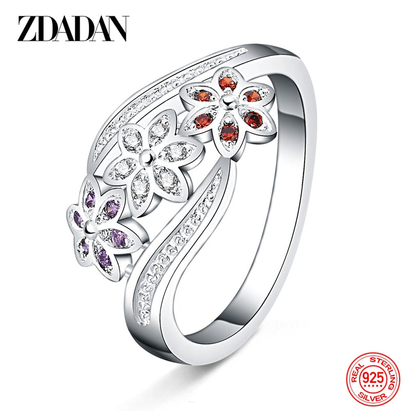 ZDADAN 925 Sterling Silver Fashion Adjustable Open CZ Flowers Ring For Women Temperament Jewelry Accessories Gift