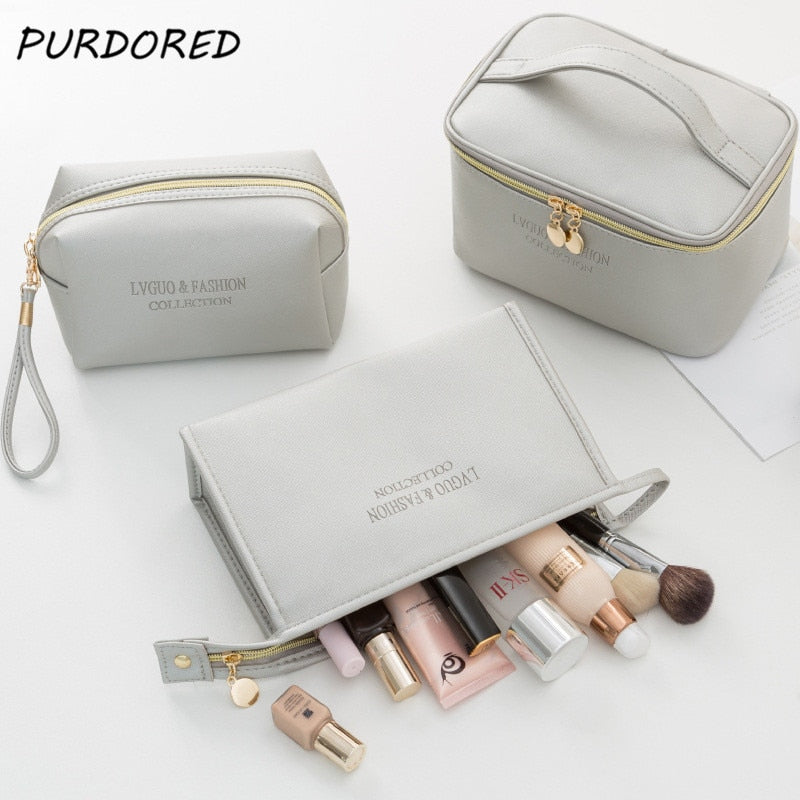 PURDORED 1 Pc Large Cosmetic Bag PU Leather Waterproof