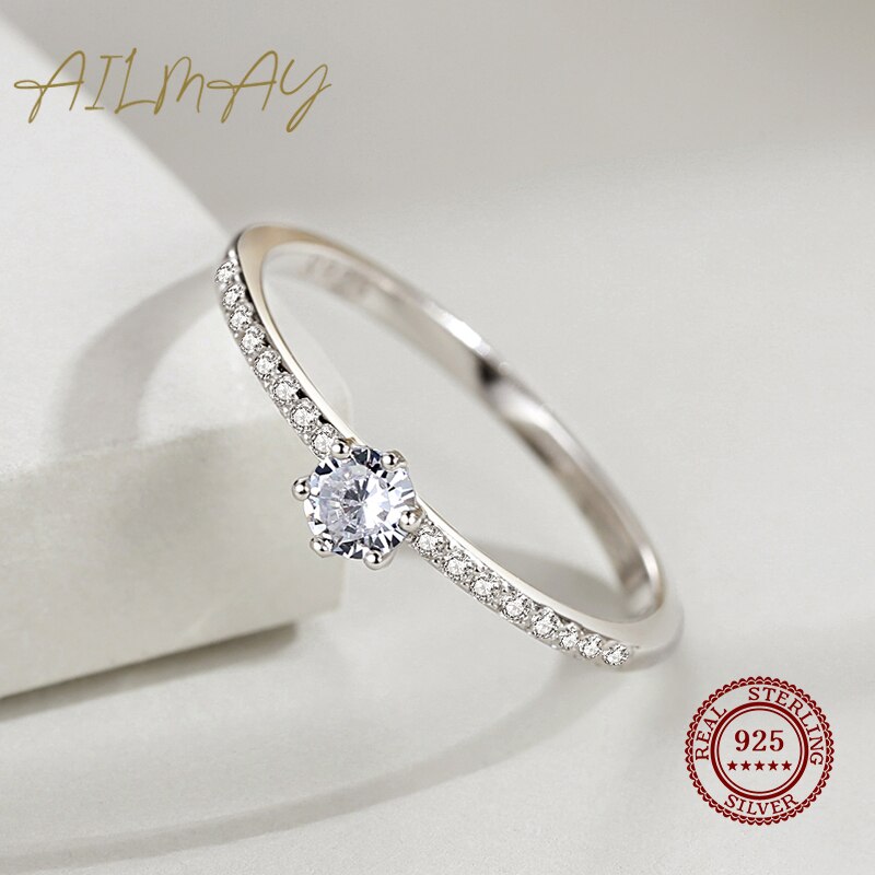 925 Sterling Silver Simple Sparkling Round Clear Zircon Ring