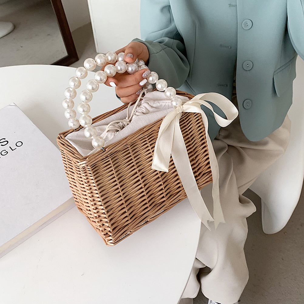 Straw Rattan Handmade Pearl Beads Tote Bag