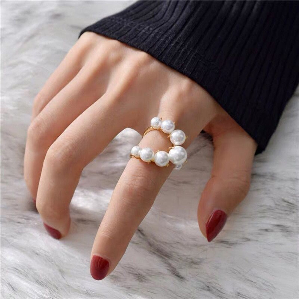 Fashion Big Geometric Pearl Paved Adjustable Ring - Jeglowstore