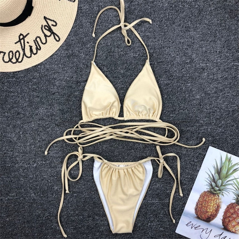 Bandage Solid Brazilian Thong Bikini Swimwear