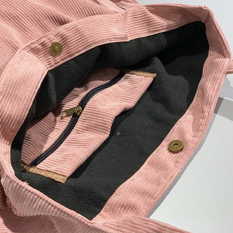 Corduroy Zipper Reusable Thickened Large Capacity Tote Bag