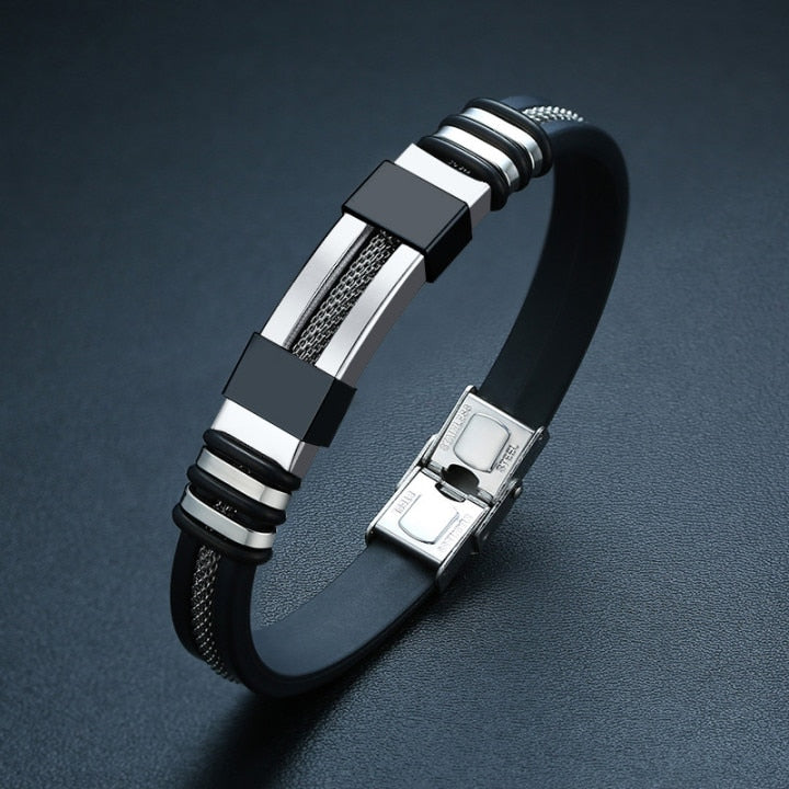 Black Grooved Rudder Silicone Mesh Link Stainless Steel Bracelet
