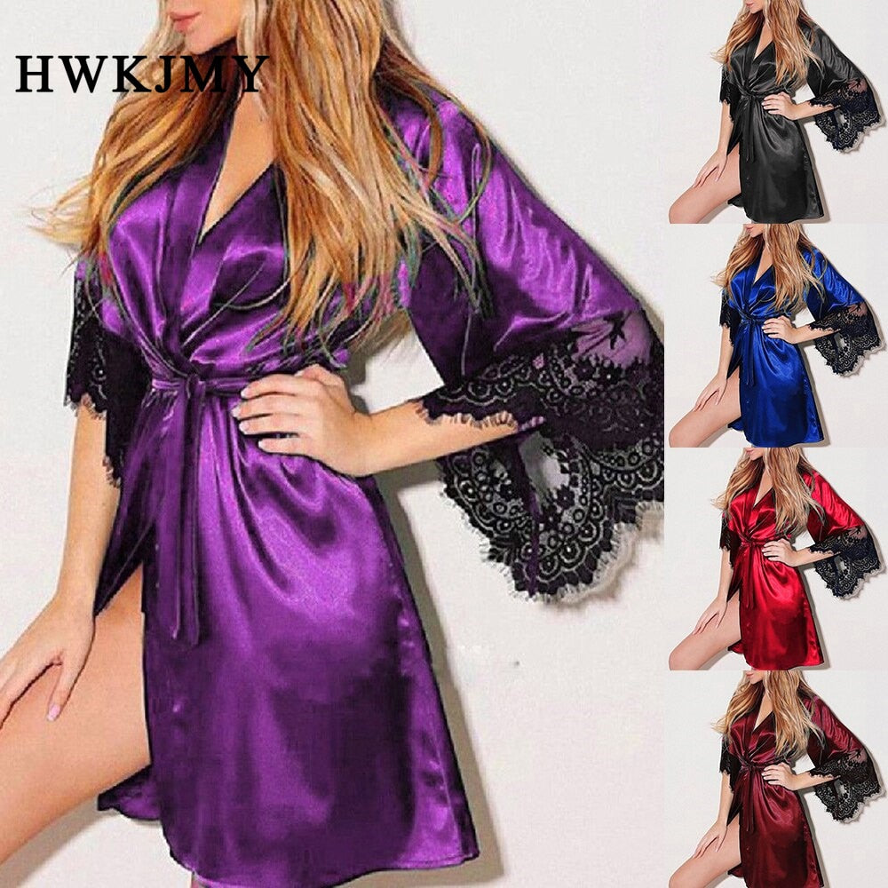 Plus Size Fashion Sexy Lace Satin Sleepwear Women Ladies Night Dress Lingerie Nighties V-neck Nightdress Lace Up Loose Nightgown - Jeglowstore