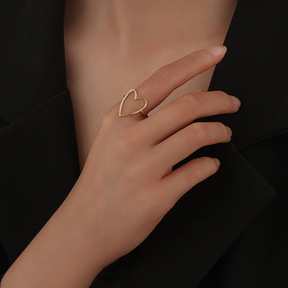 Stainless Steel 2 Color Big Heart Adjustable Ring