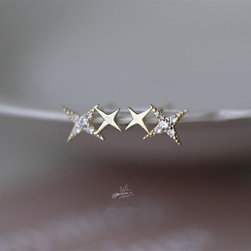 925 Sterling Silver Crystal Four-Pointed Star Earrings