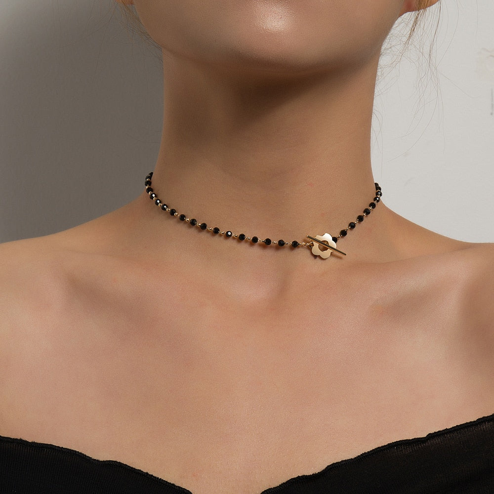SUMENG Luxury Flower Lariat Black Crystal Glass Bead Chain Choker Necklace