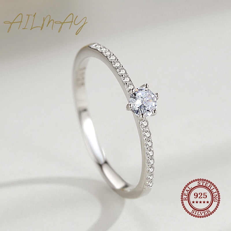 Ailmay Real 925 Sterling Silver Simple Sparkling Round Clear Zircon Ring For Women Classic Luxury Wedding Accessories Jewelry