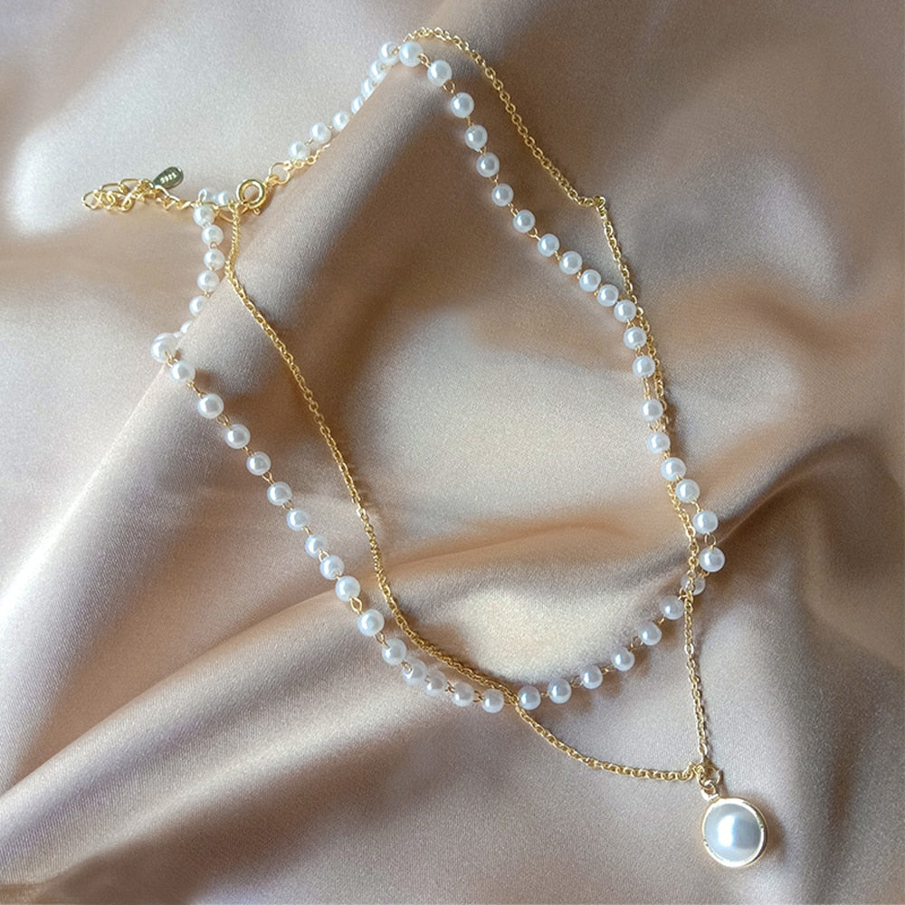 SUMENG Double Layer Chain Kpop Pearl Choker Necklace