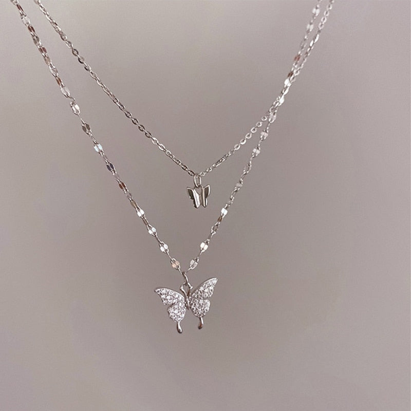 Women Silver Color Butterfly Short Gift Necklace