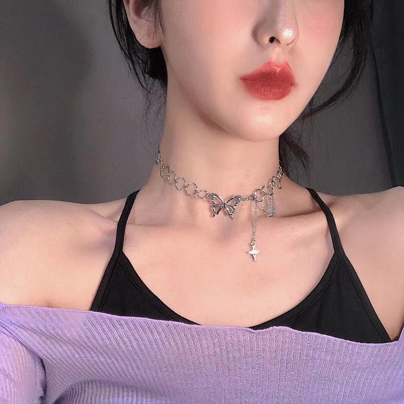 Women Silver Color Butterfly Short Gift Necklace