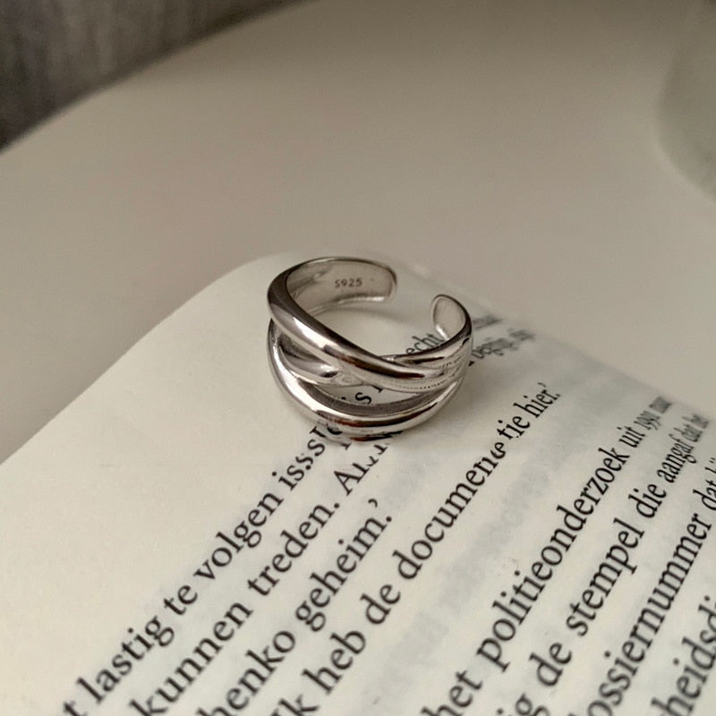 VENTFILLE 925 Sterling Silver Wave Light-shaped Solid Double-layer Ring