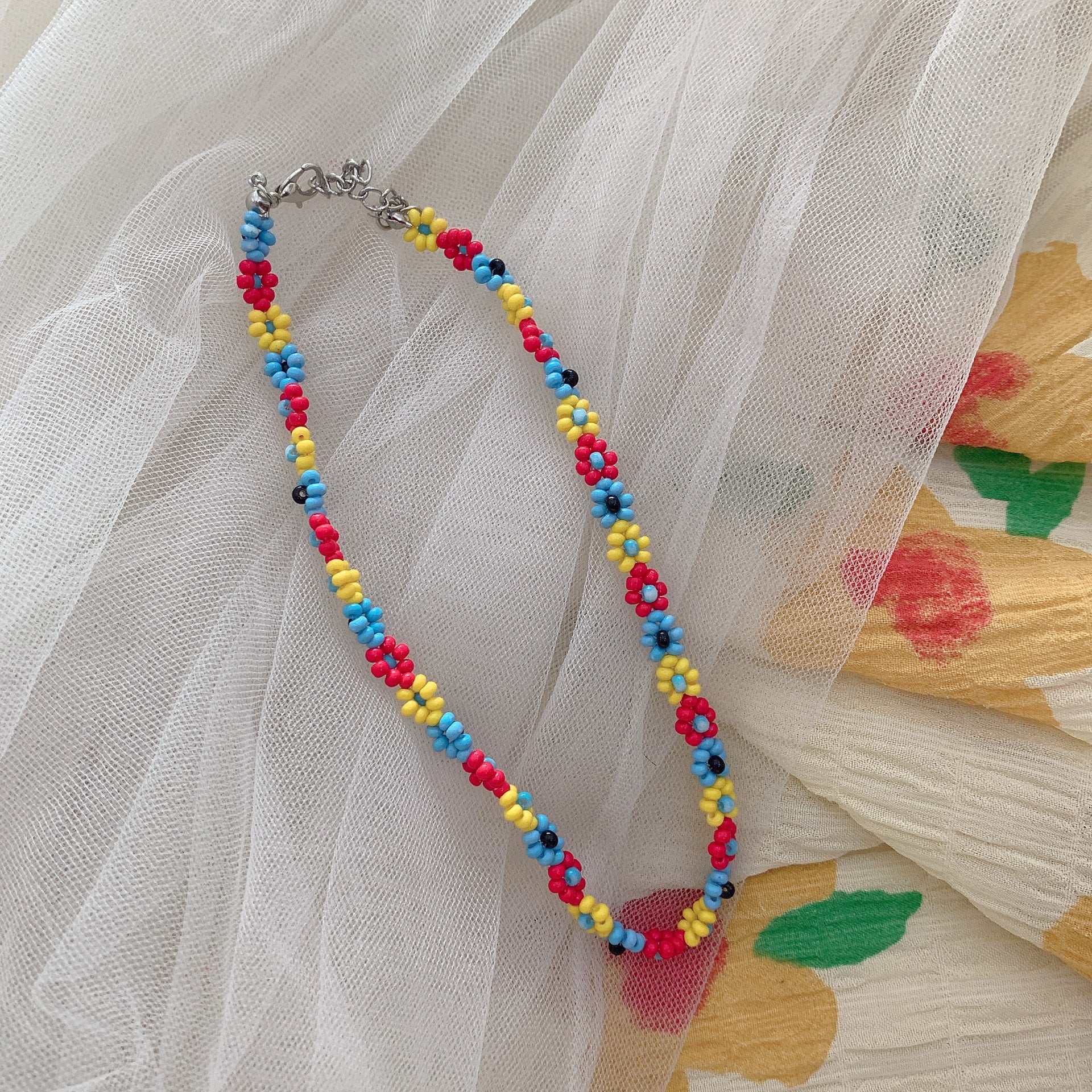 Salircon Trend Bohemia Rainbow Color Seed Beads Chain Choker Necklace