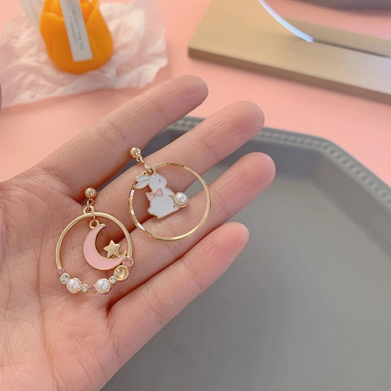 Animal Cat Cherry Blossoms Asymmetrical Earring Party Kitten Jewelry Gifts