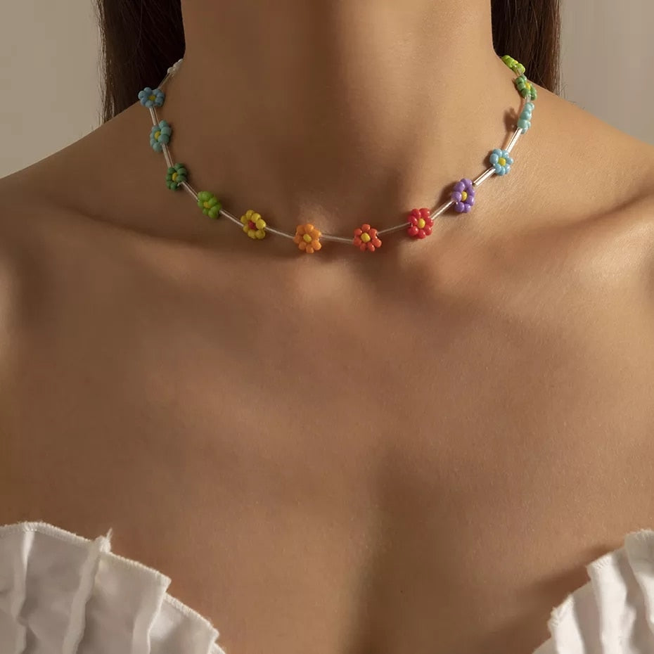Salircon Trend Bohemia Rainbow Color Seed Beads Chain Choker Necklace