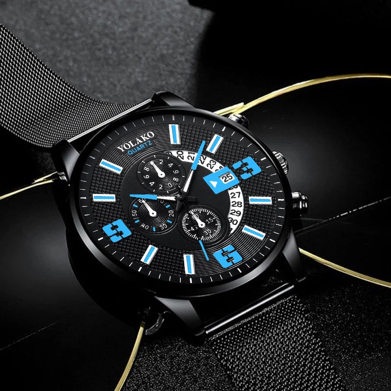 Mens Fashion Stainless Steel Mesh Belt Quartz Wrist Watch